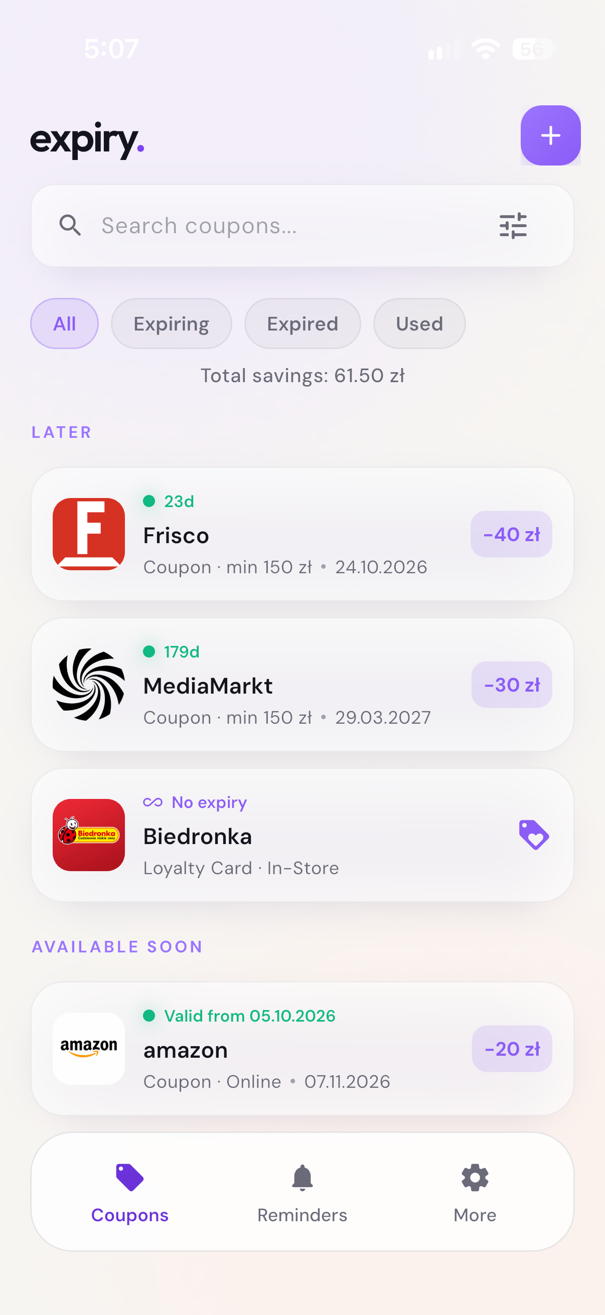 Expiry's coupon list with saved coupons, a loyalty card and expiry dates